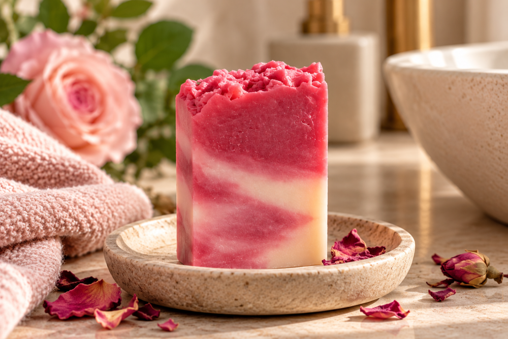 Handcrafted Olive Oil Soap Wild Rose – in a natural jute pouch