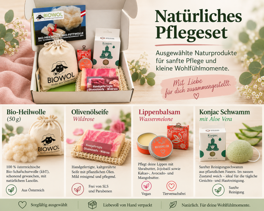 Preview: Beauty Gift Set – natural care with bio wool, soap, lip balm & konjac sponge