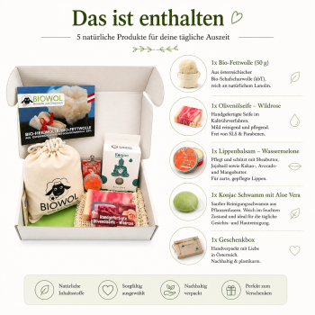 Preview: Beauty Geschenkset – natürliche & nachhaltige Pflege mit Bio-Heilwolle, Seife, Lippenpflege & Konjac Schwamm