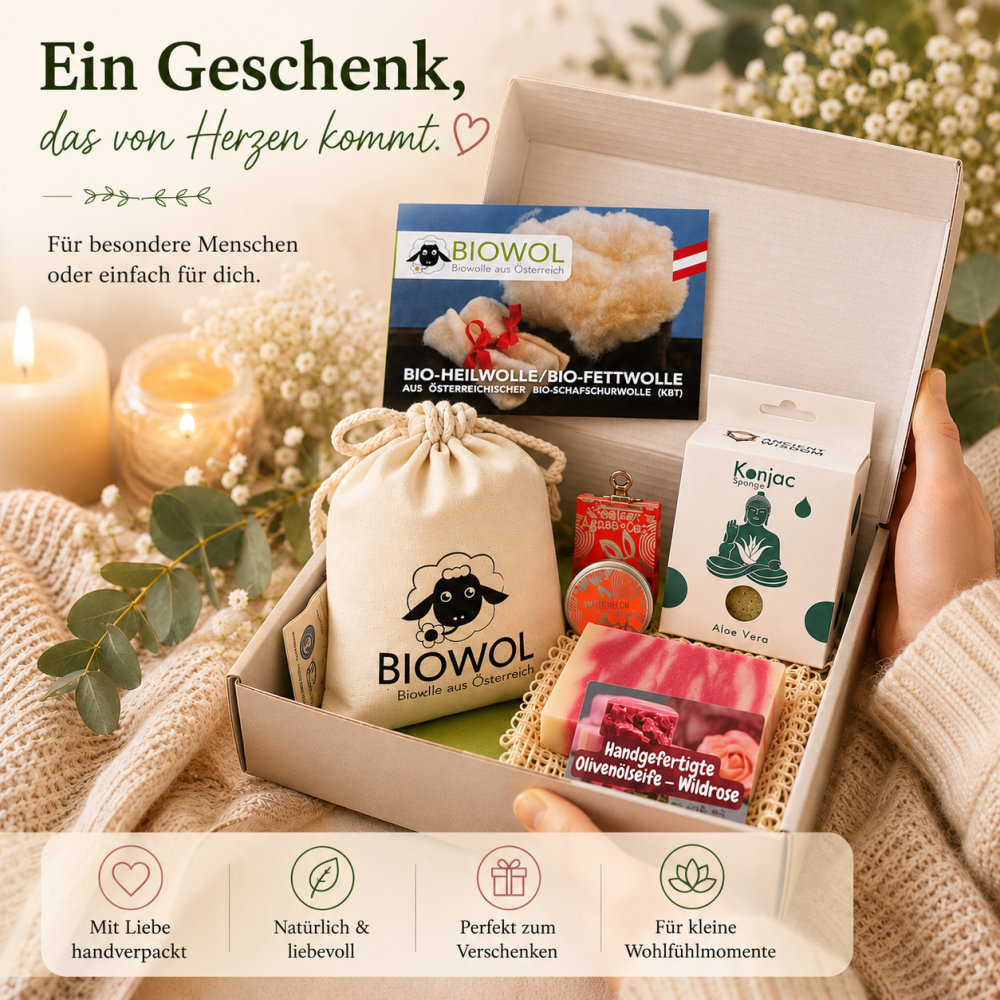 Preview: Beauty Gift Set – natural care with bio wool, soap, lip balm & konjac sponge