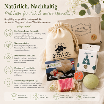 Preview: Beauty Geschenkset – natürliche & nachhaltige Pflege mit Bio-Heilwolle, Seife, Lippenpflege & Konjac Schwamm