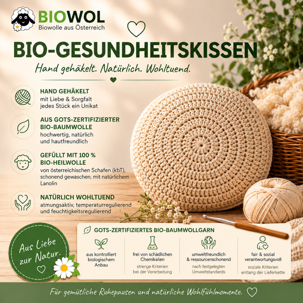 Preview: Organic Health Pillow, round, handmade with organic cotton and healing wool