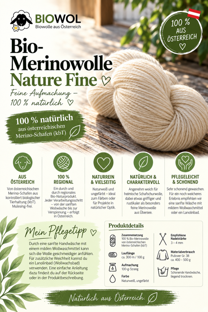 Preview: Organic Merino wool "Fine", from 100 % Austrian Merino sheeps kbT