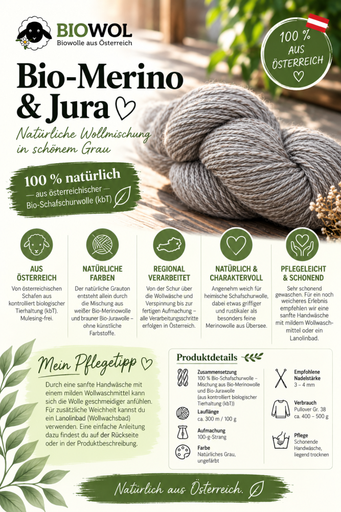 Preview: Organic Merino wool with organic Jura sheep wool (kbT) - natural grey