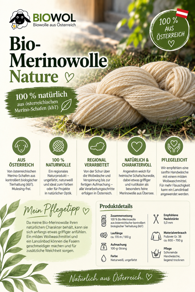Preview: Organic Merino wool "Nature", from 100 % Austrian Merino sheeps kbT