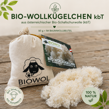 Bio-Wollkügelchen als Füllmaterial, kbT (50 g in Baumwollbeutel, fair hergestellt)