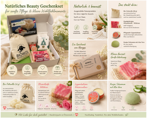 Beauty Geschenkset – natürliche & nachhaltige Pflege mit Bio-Heilwolle, Seife, Lippenpflege & Konjac Schwamm