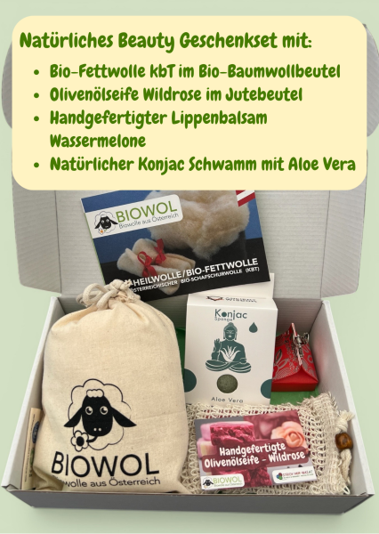 Beauty Geschenkset – natürliche & nachhaltige Pflege mit Bio-Heilwolle, Seife, Lippenpflege & Konjac Schwamm