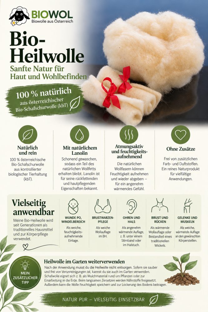 Organic Healing Wool, kbT (300 g in cotton bag, ethically produced)