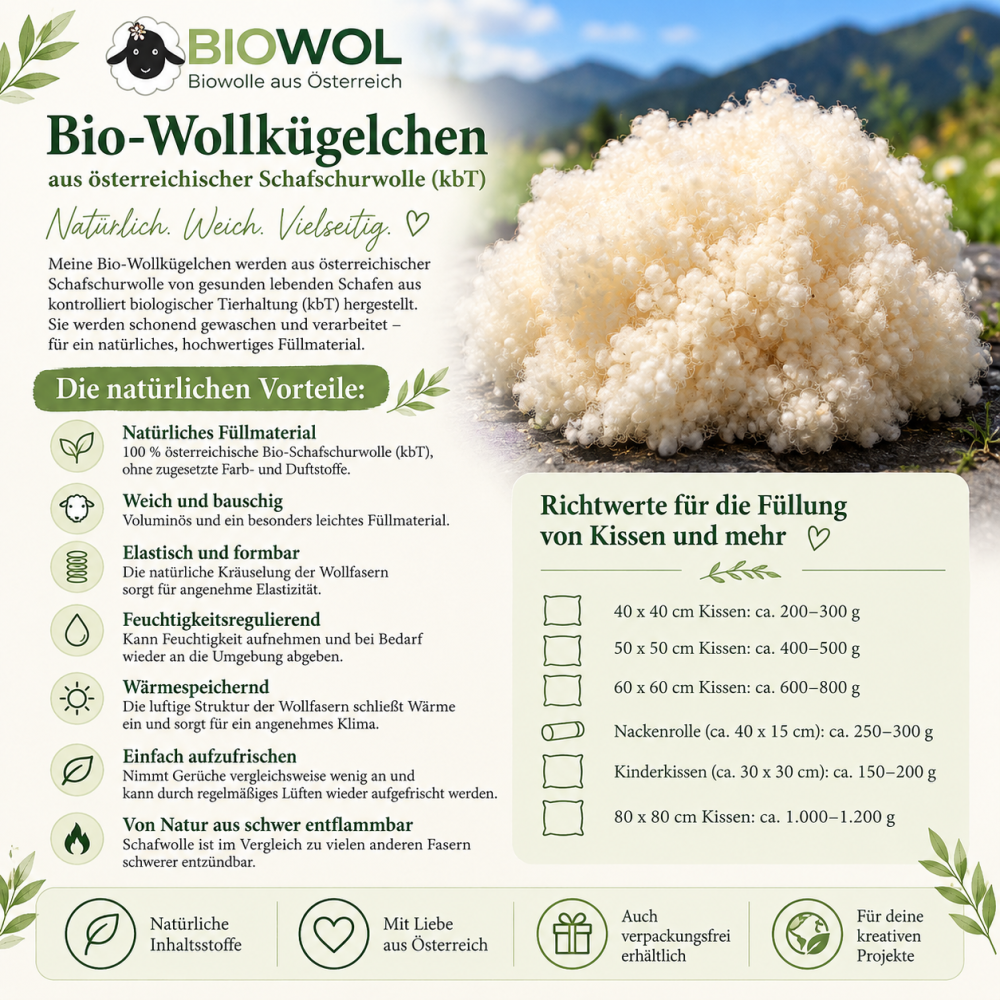 Organic wool pellets from Austrian organic sheep wool (kbT), 1 kg